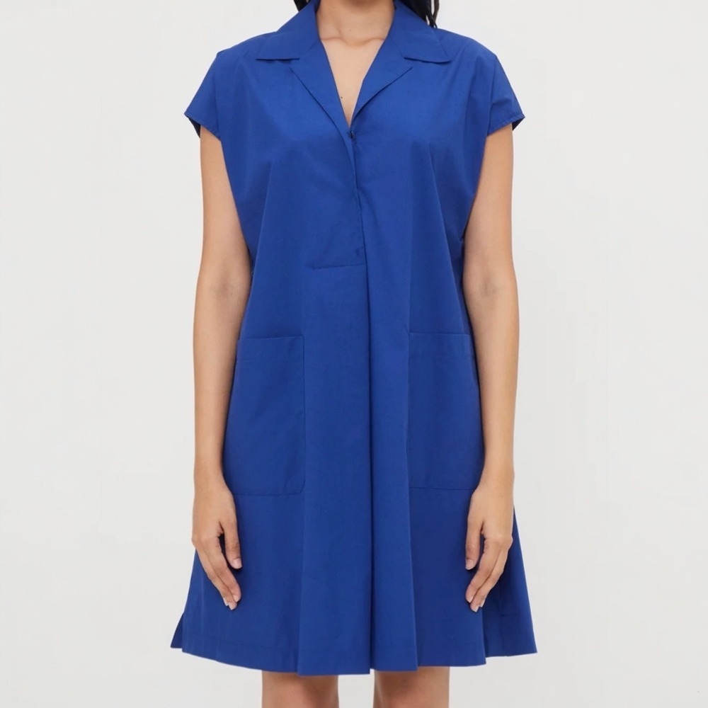 Max Mara Weekend Cotton Poplin Blue Shift Dress Sz 4 Pockets Lagenlook Chic
